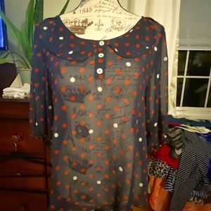 Navy blouse with red and white polka dot sz Med
